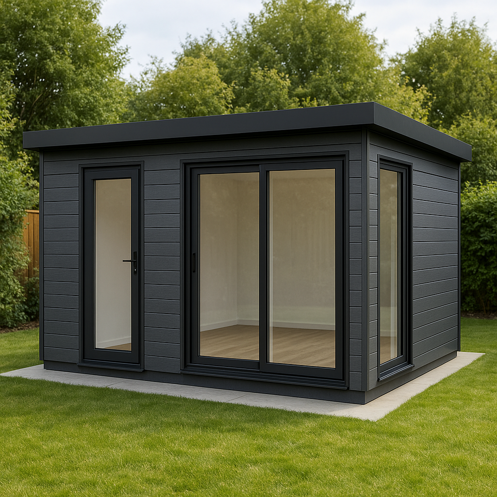 A 10x16 ft  rectangular modern garden room with dark grey horizontal cladding. On the front, place a single black-framed glass door positioned close to the left side (not flush against the edge). On the right corner of the front wall, place double sliding patio doors. On the adjacent right-side wall, place a full-length vertical window directly next to the patio doors so they are grouped tightly together in the corner. The style should be sleek, contemporary, with sharp clean lines, a flat roof with black fascia, and realistic proportions.

It must have the Single Glass PVC door and sliding patio door as there will be two different rooms