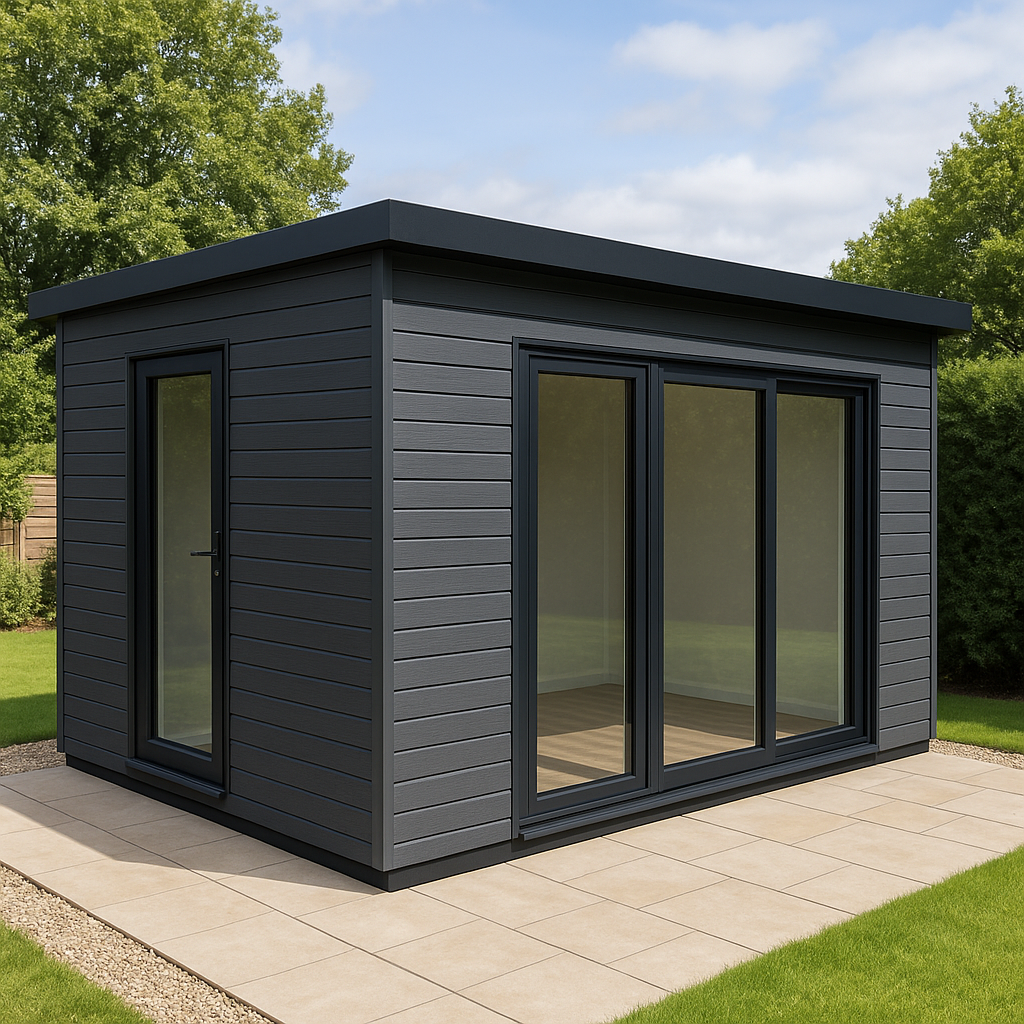 A 10x16 ft  rectangular modern garden room with dark grey horizontal cladding. On the front, place a single black-framed glass door positioned close to the left side (not flush against the edge). On the right corner of the front wall, place double sliding patio doors. On the adjacent right-side wall, place a full-length vertical window directly next to the patio doors so they are grouped tightly together in the corner. The style should be sleek, contemporary, with sharp clean lines, a flat roof with black fascia, and realistic proportions.

It must have the Single Glass PVC door and sliding patio door as there will be two different rooms