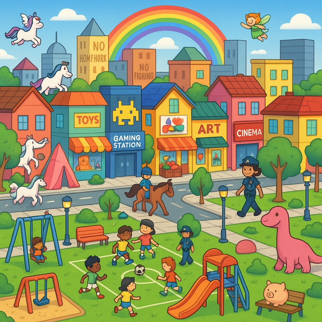 A highly detailed, vibrant, and whimsical illustration of a cityscape, suitable for children aged 8-12. The style is clean, with bright colors, clear lines, and a playful perspective. The city is designed to be a safe, healthy, and fun environment.

In the foreground, there is a large, central park with a green football pitch where a diverse group of children is playing cooperatively. A playground is also in the foreground, with swings, a slide, and a sandbox. Wide, clean footpaths with bright streetlights and many colorful trash bins are present. A subtle, friendly female police officer is walking on a footpath in the midground, representing safety.

The background cityscape includes a kids' gym, a toy shop with a prominent display, a gaming station, an art shop, and a cinema. A fruit stand is located at street level. A small, smiling piggy bank rests on a park bench.

For the fantastical elements, a unicorn and a friendly dinosaur are present, and a horse is trotting down a street. A tiny fairy flies near a vibrant rainbow that arcs over the city.

Social concerns are represented by subtle visual cues, such as a small tent in a quiet area to symbolize a wish to end homelessness. Signs on buildings read "No Homework" and "No Fighting."