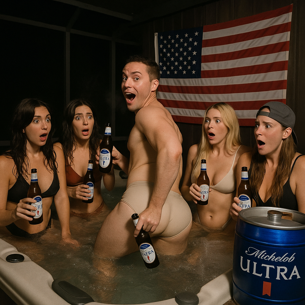 I want 5 people in the hot tub drinking beer. One gay guy. 2 brunette women. One blonde woman who’s skinny but has tits and one more blonde women in a backwards hat (lesbian). It’s nighttime and it’s a netted in porch. There’s an American flag behind us on the wall. We’re drinking McKnight ultras and there’s a big ass mich ultra keg in the photo. Also the gay guy is shaking ass and we’re all shocked looking at him