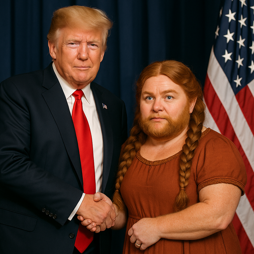 A photo of Donald Trump holding hands with vice president JD Vance. JD Vance looks like a mythical dwarf woman.