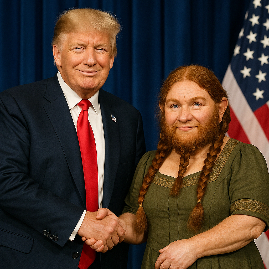 A photo of Donald Trump holding hands with vice president JD Vance. JD Vance looks like a mythical dwarf woman.