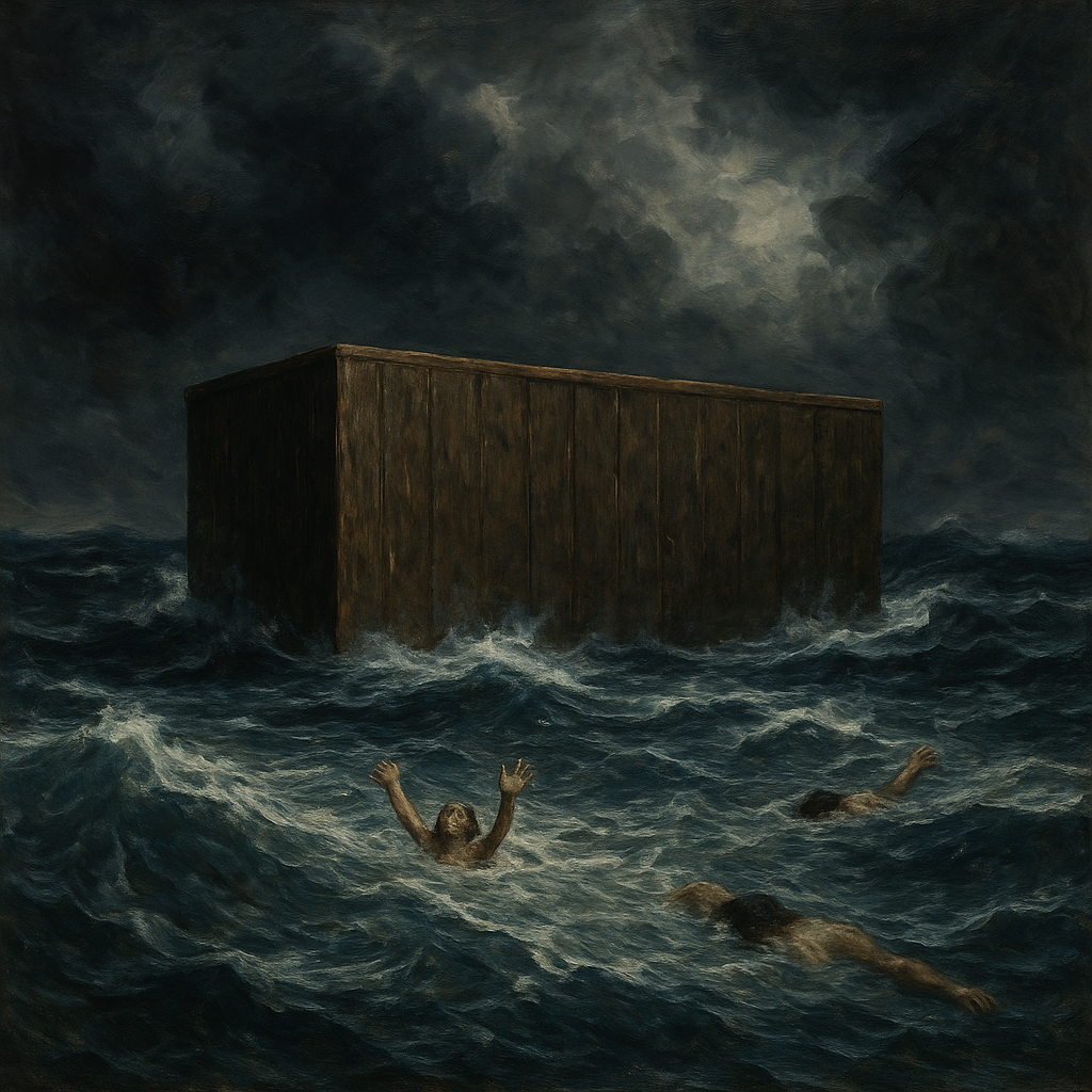 Noah's ark in turbulent waters
No pitched roof, no boat shape, no curved hull, no sails, no masts, no rounded corners. Do not make it look like a ship. The Ark must not resemble a traditional boat.
NO ROUNDED CORNERS. Just a rectangular chest. Bodies in the water