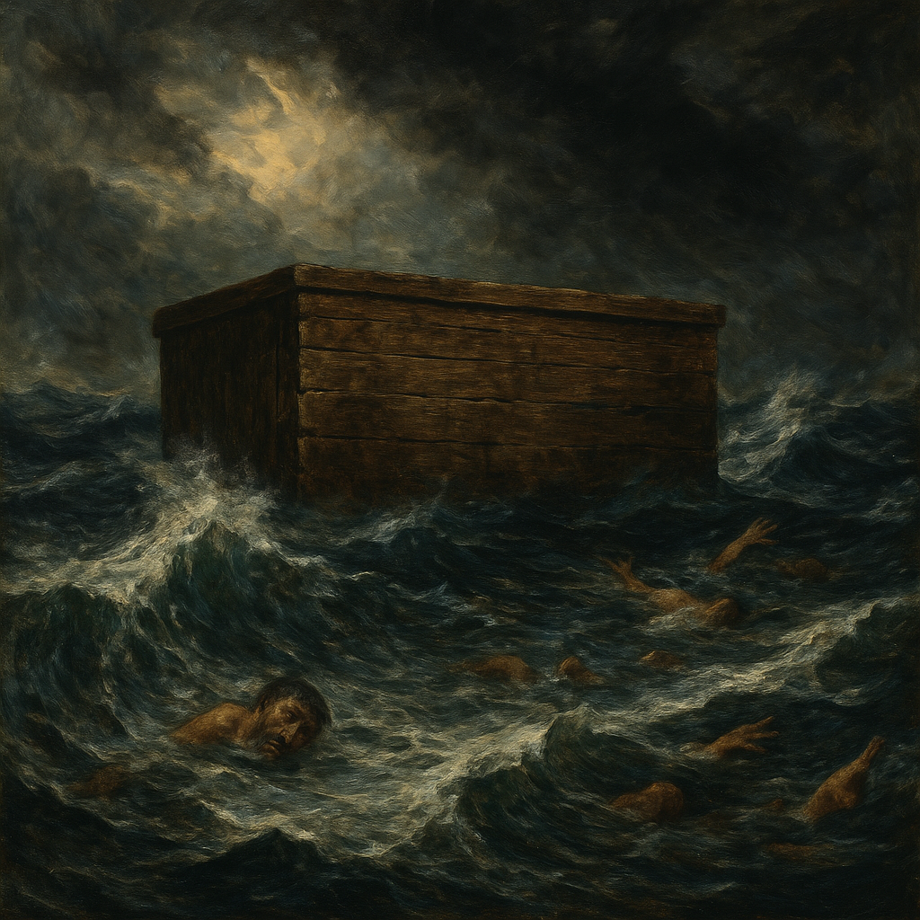 Noah's ark in turbulent waters
No pitched roof, no boat shape, no curved hull, no sails, no masts, no rounded corners. Do not make it look like a ship. The Ark must not resemble a traditional boat.
NO ROUNDED CORNERS. Just a rectangular chest. Bodies in the water