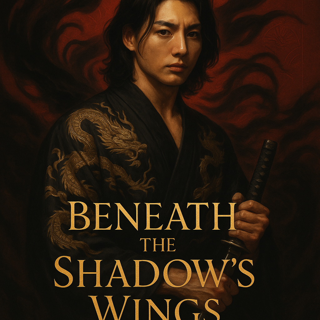 A semi-realistic book cover featuring Jungkook with strong, masculine features and shoulder-length hair, wearing a black kimono embroidered with golden dragons. He grips a sword, standing in a sea of swirling shadows that whisper danger and desire. The deep red background, accented with subtle Japanese traditional motifs, enhances the darkly romantic and intense atmosphere. The title, ‘Beneath the Shadow’s Wings’, glows in gold, contrasting with the crimson aura surrounding him.