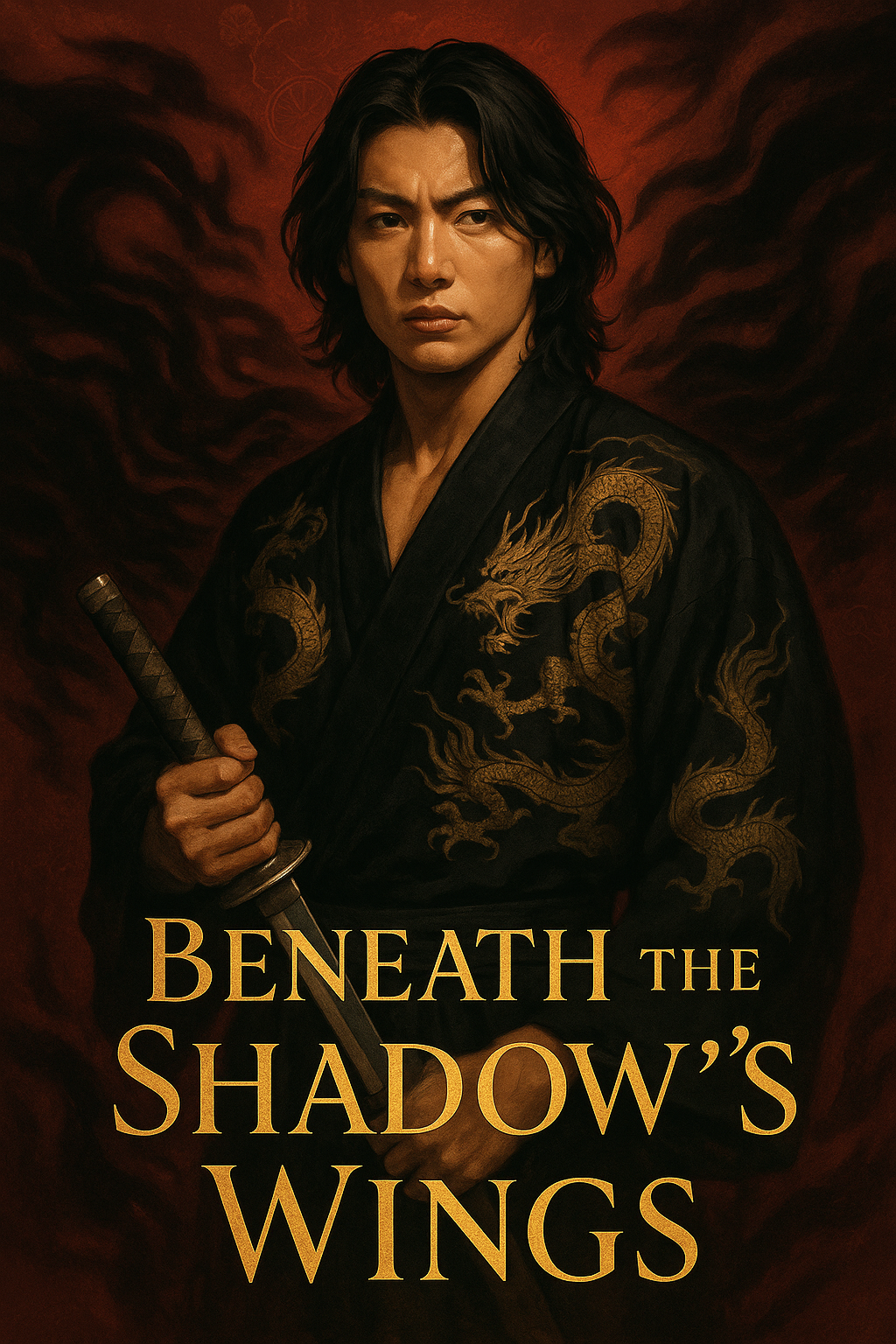 A semi-realistic book cover featuring Jungkook with strong, masculine features and shoulder-length hair, wearing a black kimono embroidered with golden dragons. He grips a sword, standing in a sea of swirling shadows that whisper danger and desire. The deep red background, accented with subtle Japanese traditional motifs, enhances the darkly romantic and intense atmosphere. The title, ‘Beneath the Shadow’s Wings’, glows in gold, contrasting with the crimson aura surrounding him.