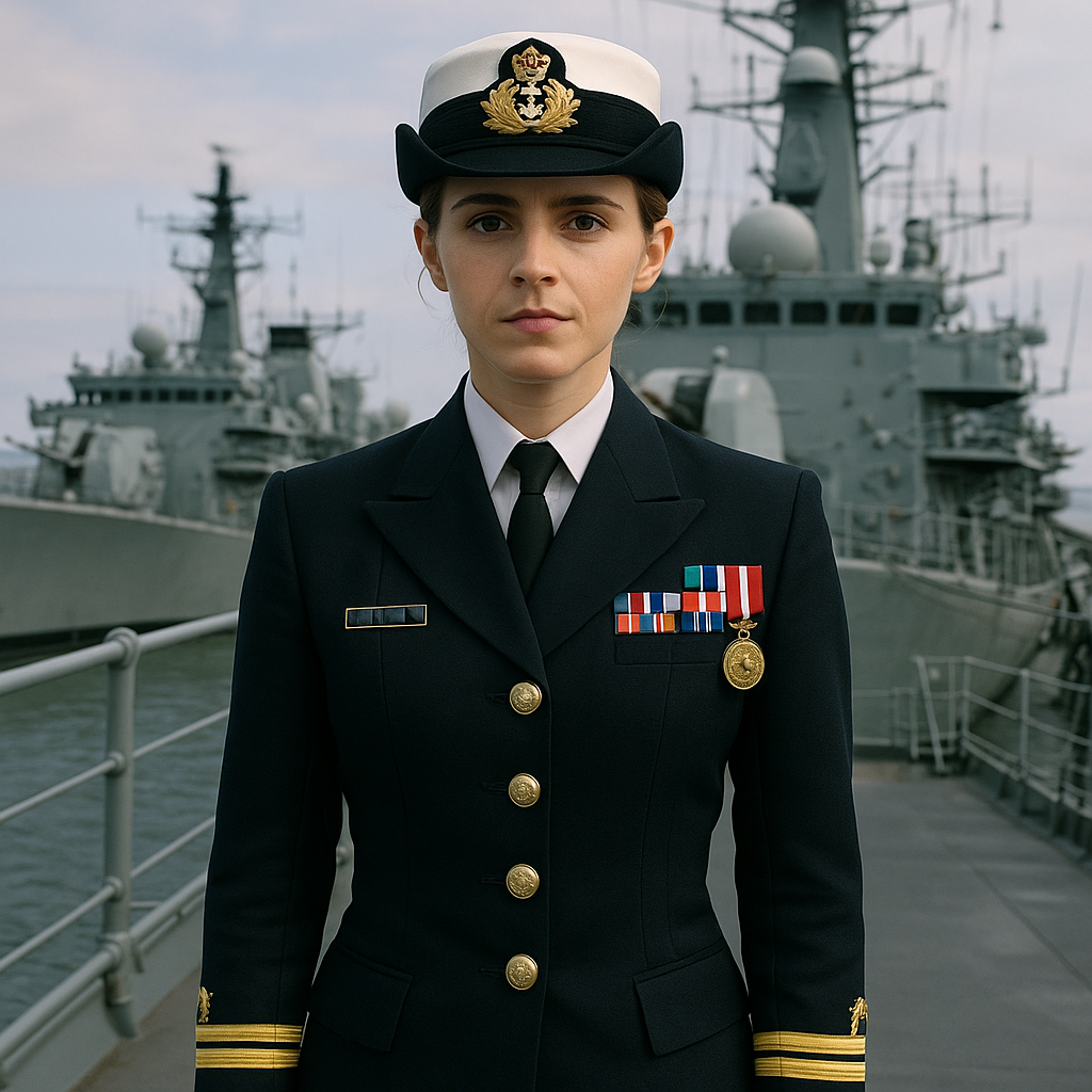 Emma Watson is standing on the deck of a navy frigate. She wears an official navy uniform. She is a decorated officer. She stands at attention.
