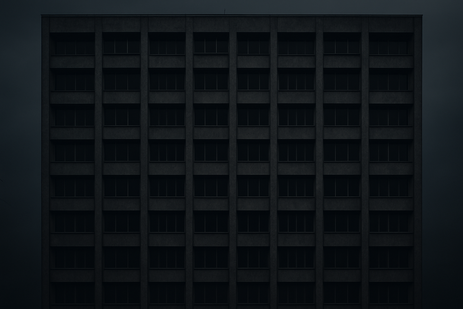 "A tall apartment building facade with a grid of many identical dark windows, symmetrical structure, brutalist architecture, moody lighting, minimal color, urban night setting, realistic texture, no visible people, shot straight-on like architectural photography, overcast and cinematic tone fulscreen Building