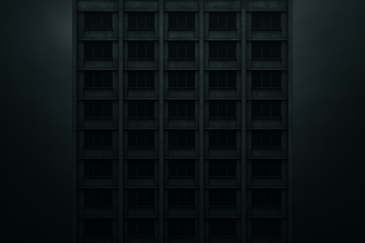 "A tall apartment building facade with a grid of many identical dark windows, symmetrical structure, brutalist architecture, moody lighting, minimal color, urban night setting, realistic texture, no visible people, shot straight-on like architectural photography, overcast and cinematic tone fulscreen Building